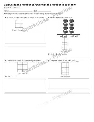 Confusing the number of rows with the number in each row. — Guided Practice — Grade 2 worksheet preview