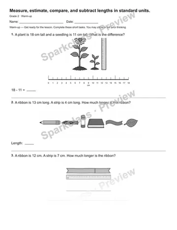 Measure, estimate, compare, and subtract lengths in standard units. — Warm-up — Grade 2 worksheet preview