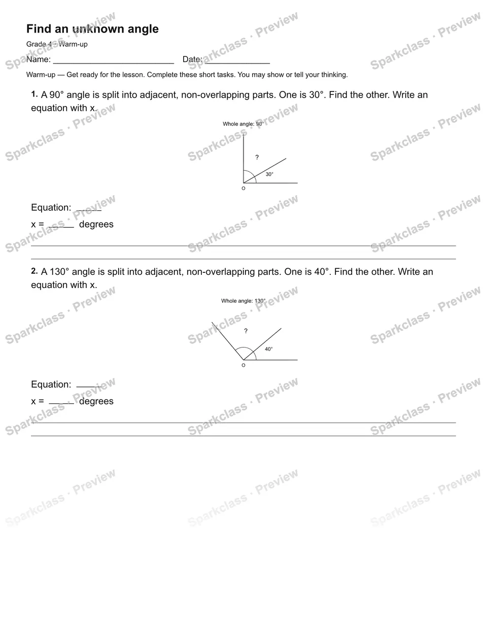 Find an unknown angle — Warm-up — page 1
