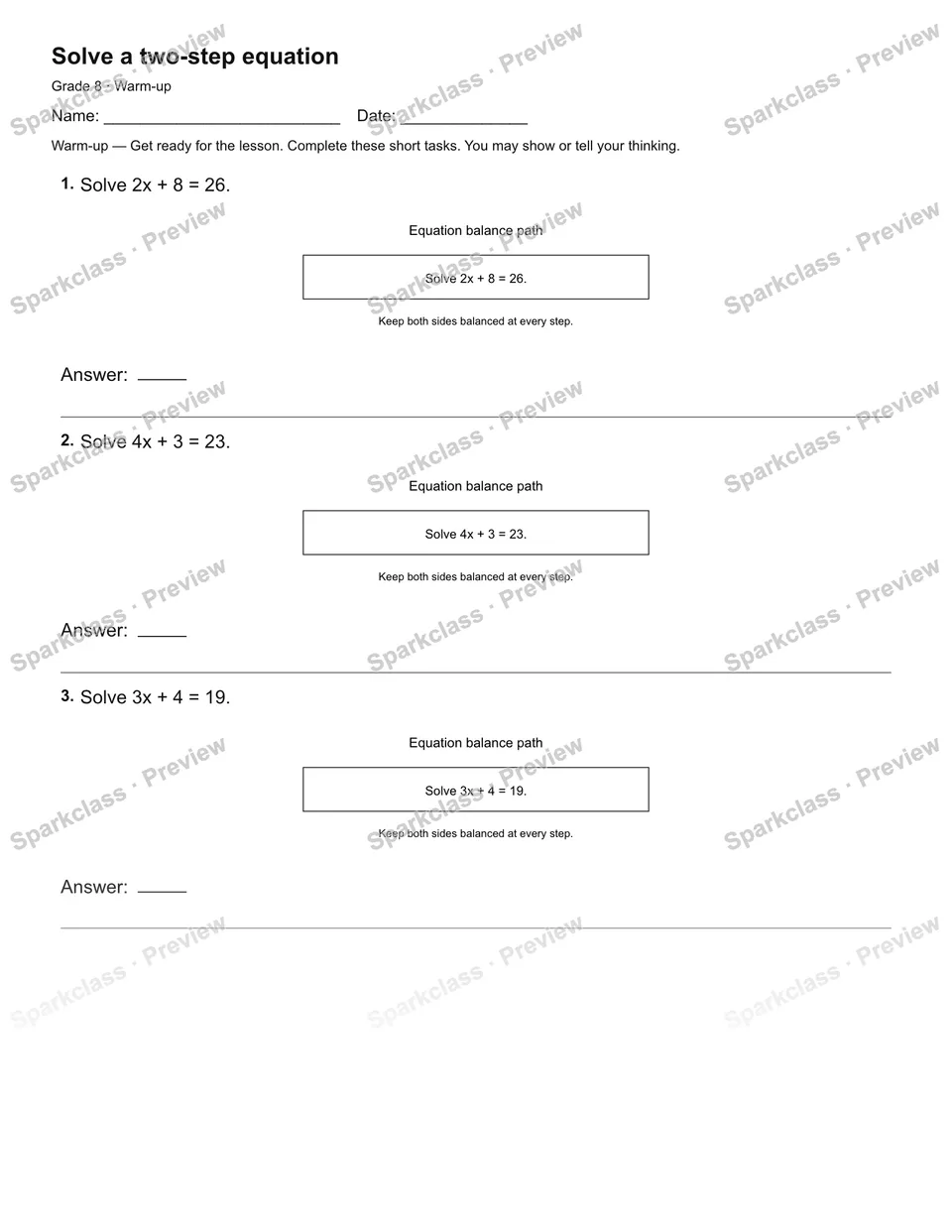 Solve a two-step equation — Warm-up — page 1