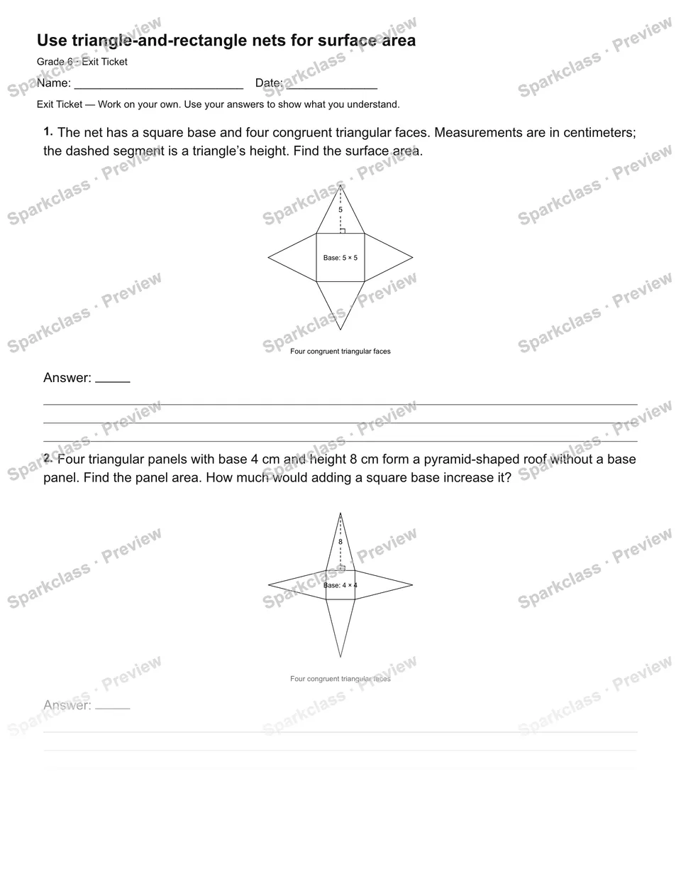 Use triangle-and-rectangle nets for surface area — Exit Ticket — page 1
