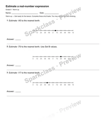 Estimate a real-number expression — Warm-up — Grade 8 worksheet preview