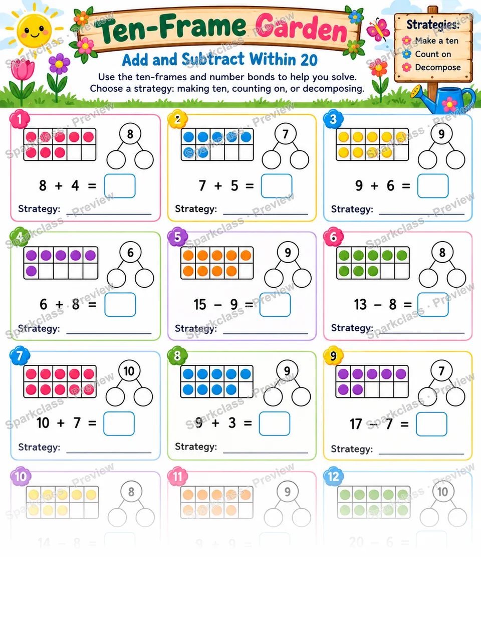 Ten Frame Add Subtract Within 20 — page 1