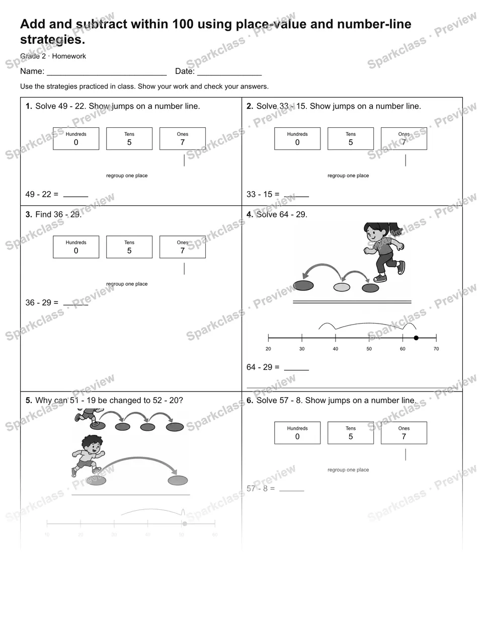 Add and subtract within 100 using place-value and number-line strategies. — Homework — page 1