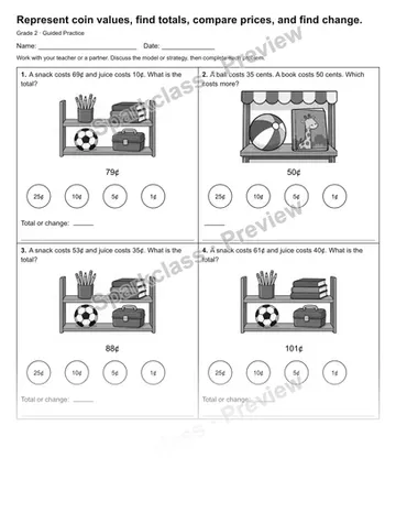 Represent coin values, find totals, compare prices, and find change. — Guided Practice — Grade 2 worksheet preview