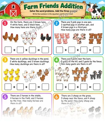 Farm Three Addends — Grade 1 worksheet preview