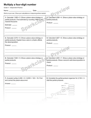 Multiply a four-digit number — Independent Practice — Grade 4 worksheet preview