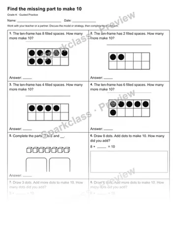 Find the missing part to make 10 — Guided Practice — Kindergarten worksheet preview
