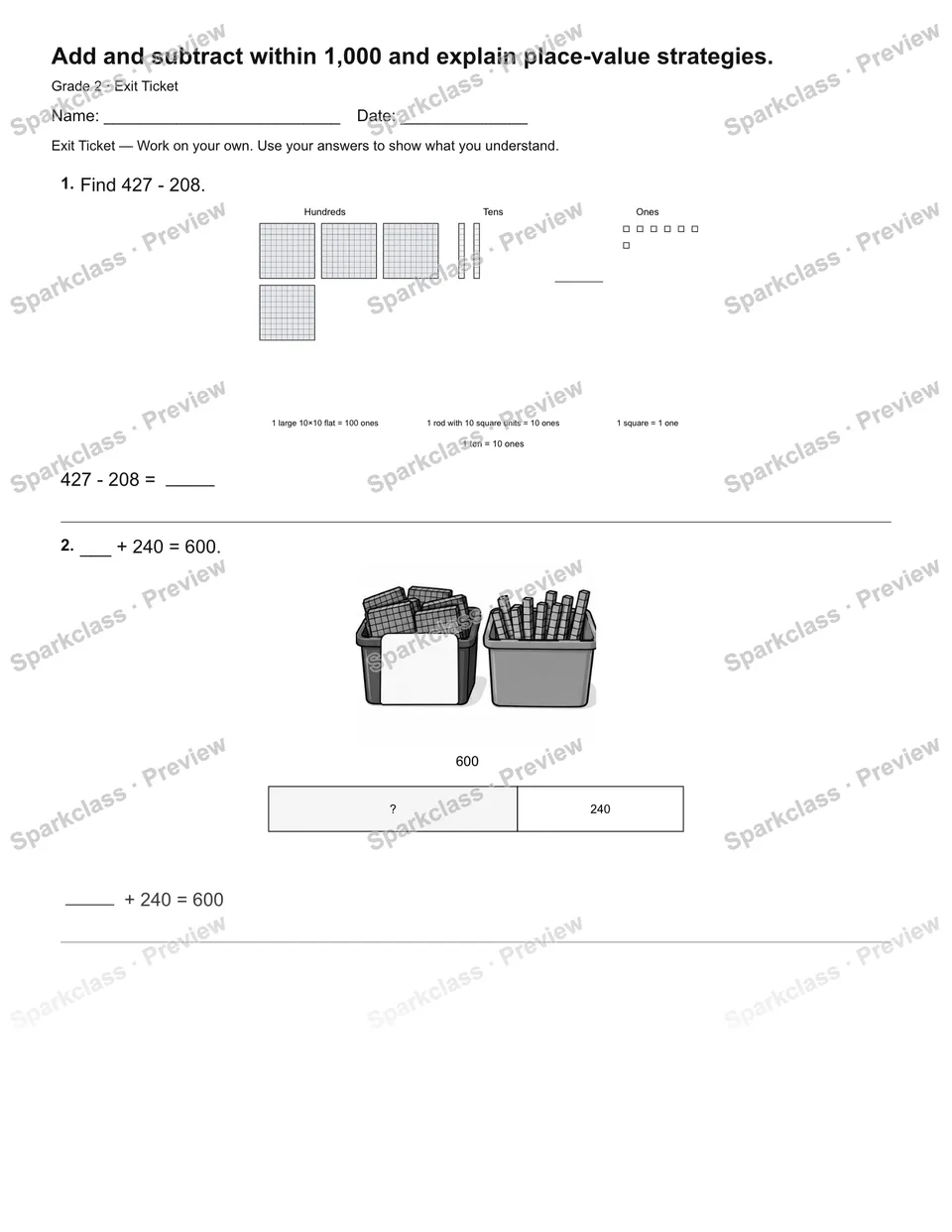 Add and subtract within 1,000 and explain place-value strategies. — Exit Ticket — page 2