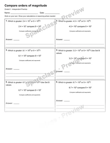 Compare orders of magnitude — Independent Practice — Grade 8 worksheet preview