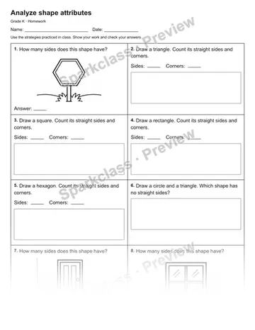 Analyze shape attributes — Homework — Kindergarten worksheet preview