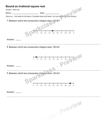 Bound an irrational square root — Warm-up — Grade 8 worksheet preview