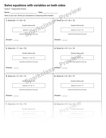 Solve equations with variables on both sides — Independent Practice — Grade 8 worksheet preview