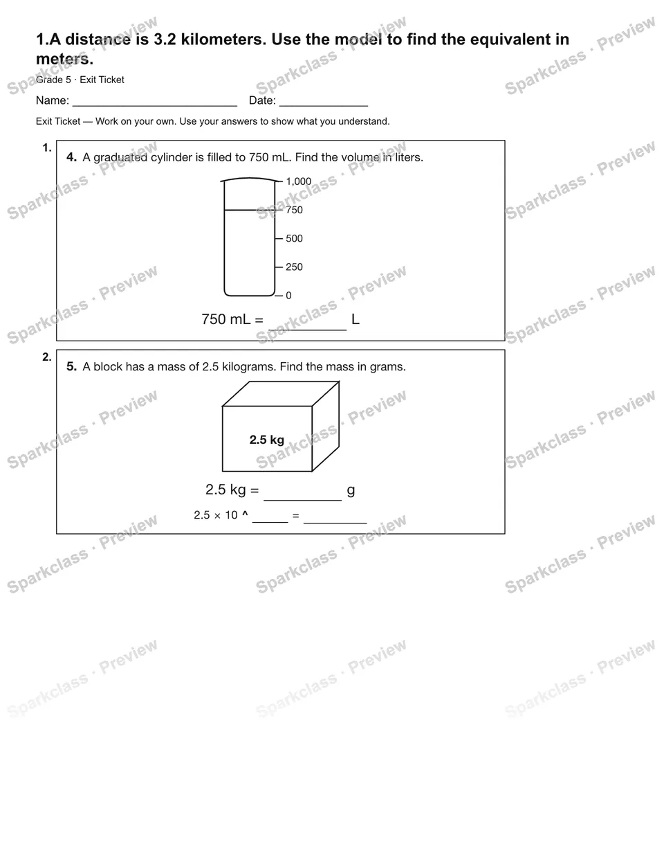 1.A distance is 3.2 kilometers. Use the model to find the equivalent in meters. — Exit Ticket — page 2