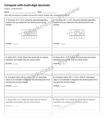 Compute with multi-digit decimals — Guided Practice — Grade 6 worksheet preview