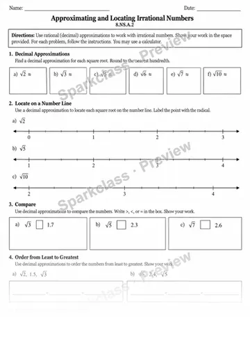 8.NS.A.2 · 2 Irrational Approximations Number Line — Grade 8 worksheet preview