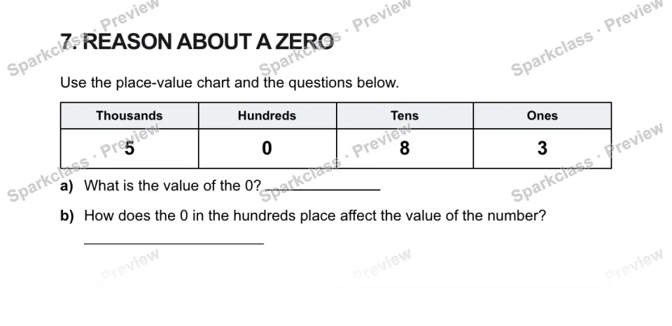 7. REASON ABOUT A ZERO Use the place-value chart and the questions below. Thousands Hundreds Tens Ones 5 0 8 3 a) What is the value of the 0? b) How does the 0 in the hundreds plac — page 1