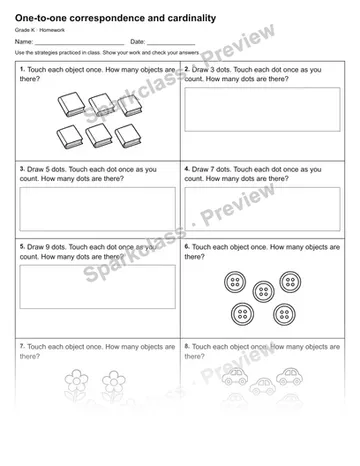 One-to-one correspondence and cardinality — Homework — Kindergarten worksheet preview