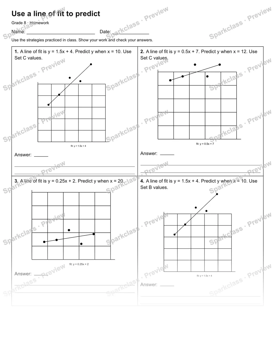 Use a line of fit to predict — Homework — page 1