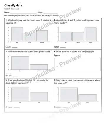 Classify data — Homework — Grade 1 worksheet preview