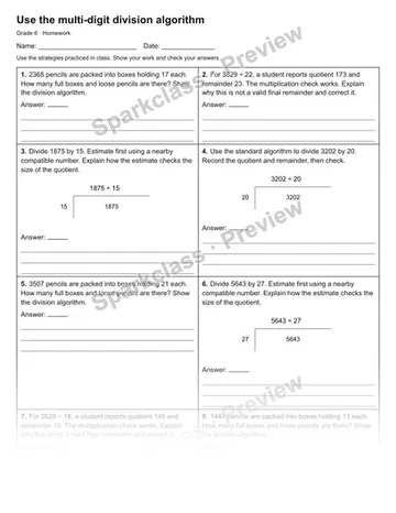 Use the multi-digit division algorithm — Homework — Grade 6 worksheet preview