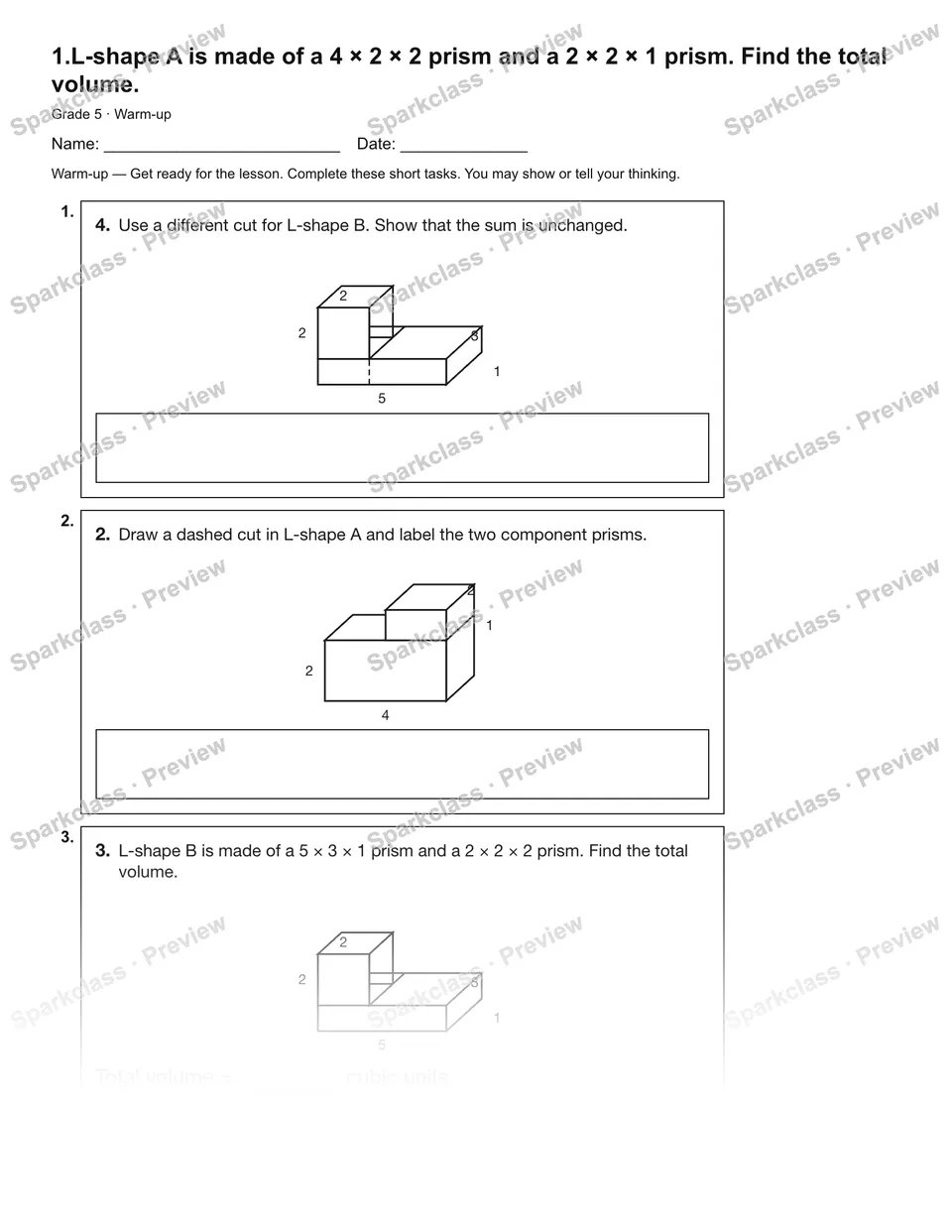 1.L-shape A is made of a 4 × 2 × 2 prism and a 2 × 2 × 1 prism. Find the total volume. — Warm-up — page 2