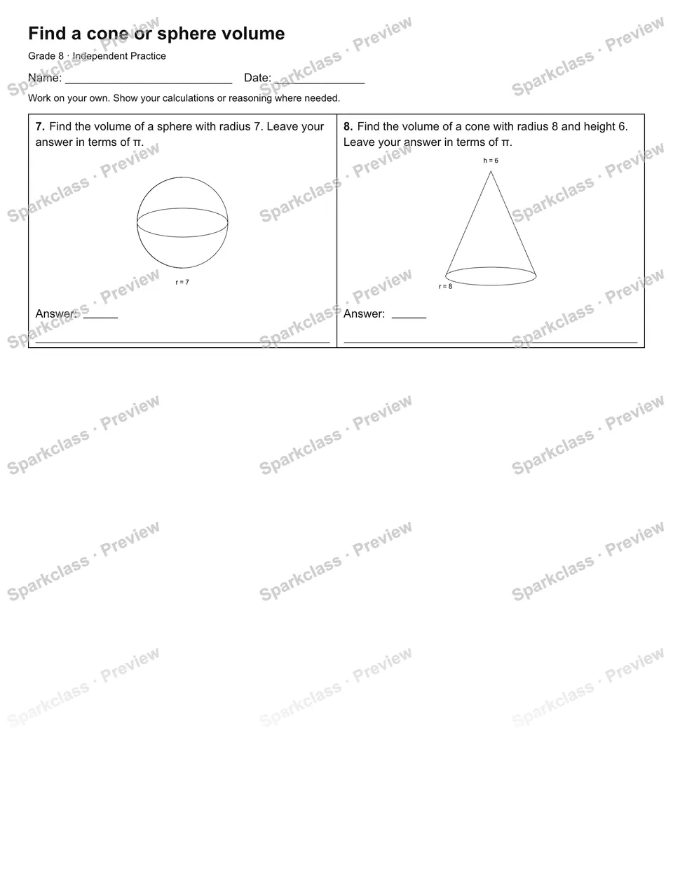 Find a cone or sphere volume — Independent Practice — page 2