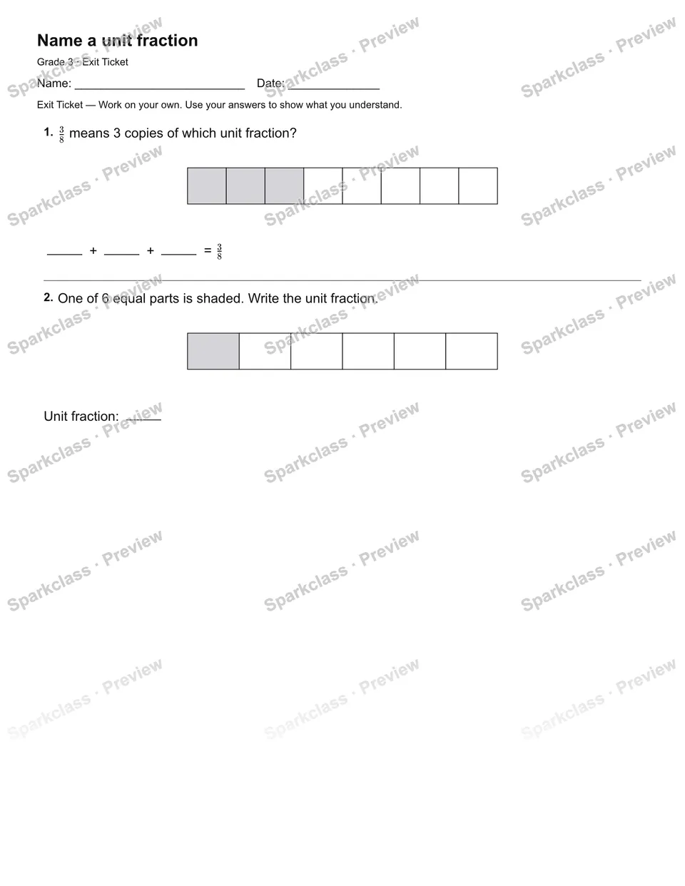 Name a unit fraction — Exit Ticket — page 1