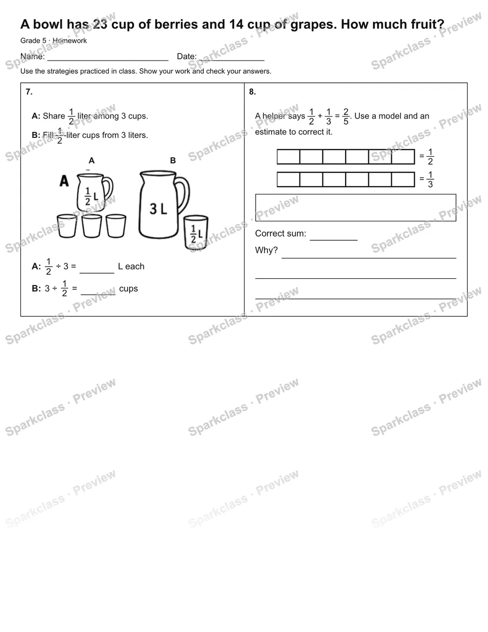 A bowl has 23 cup of berries and 14 cup of grapes. How much fruit? — Homework — page 2