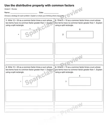 Use the distributive property with common factors — Review — Grade 6 worksheet preview