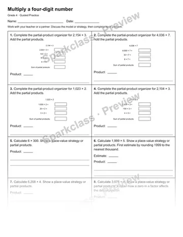 Multiply a four-digit number — Guided Practice — Grade 4 worksheet preview