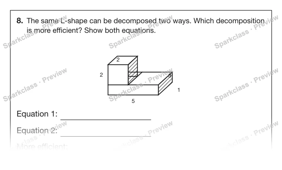 8. The same L-shape can be decomposed two ways. Which decomposition is more efficient? Show both equations. 5 3 1 2 2 Equation 1: Equation 2: More efficient: — page 1
