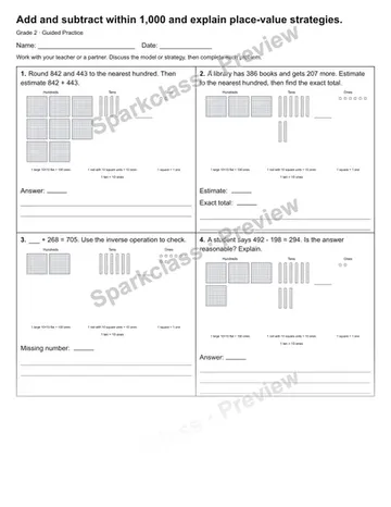Add and subtract within 1,000 and explain place-value strategies. — Guided Practice — Grade 2 worksheet preview