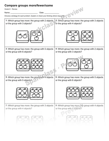 Compare groups more/fewer/same — Review — Kindergarten worksheet preview