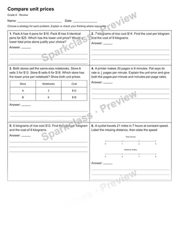 Compare unit prices — Review — Grade 6 worksheet preview