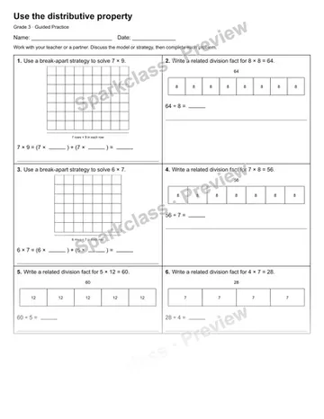 Use the distributive property — Guided Practice — Grade 3 worksheet preview