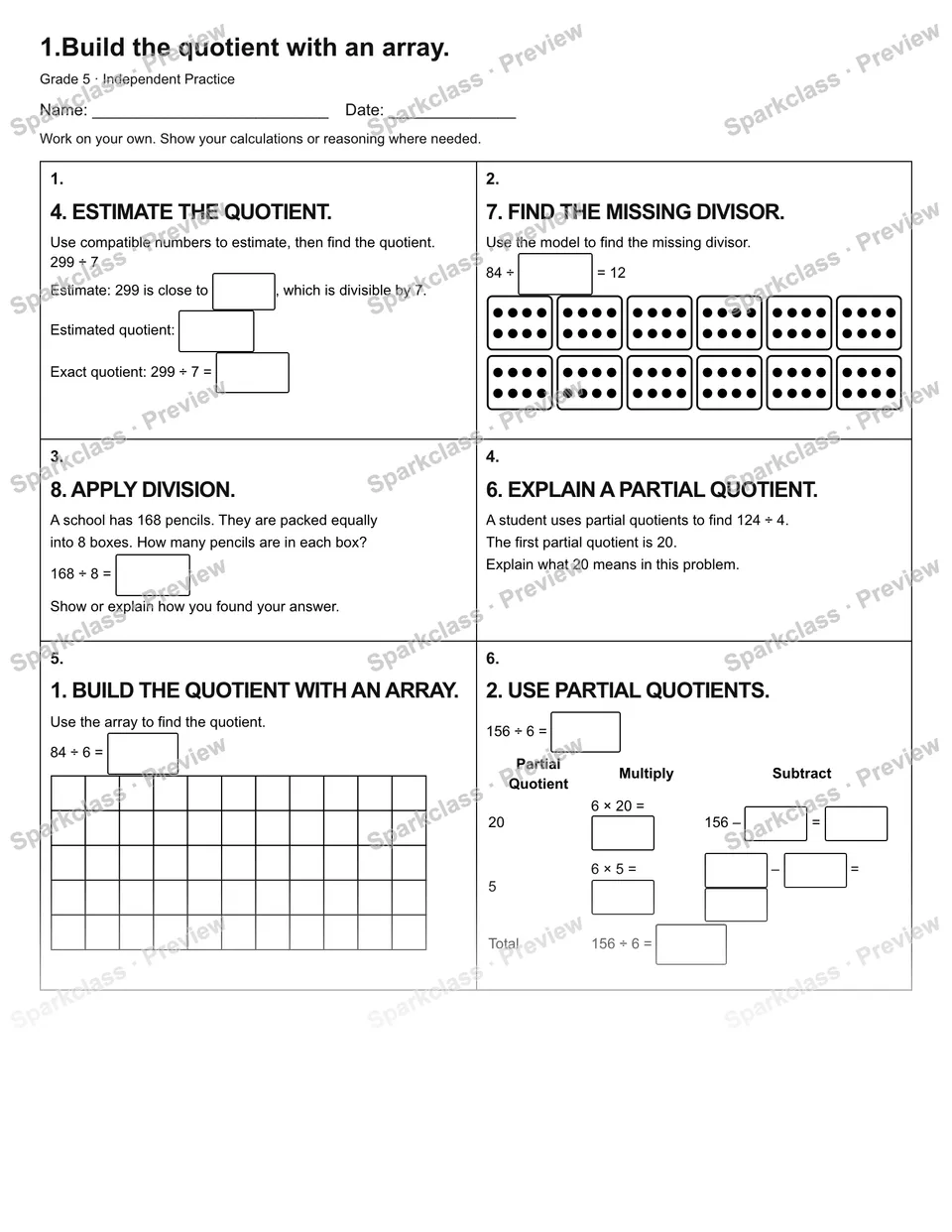 1.Build the quotient with an array. — Independent Practice — page 1