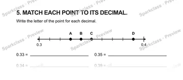 5. MATCH EACH POINT TO ITS DECIMAL. Write the letter of the point for each decimal. 0.3 0.4 A B C D 0.33 = 0.35 = 0.34 = 0.39 = — Grade 5 problem preview