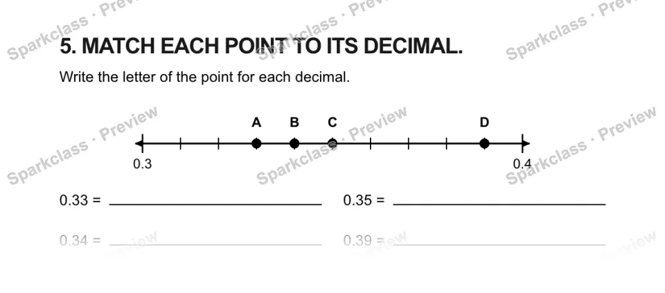 5. MATCH EACH POINT TO ITS DECIMAL. Write the letter of the point for each decimal. 0.3 0.4 A B C D 0.33 = 0.35 = 0.34 = 0.39 = — page 1