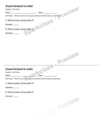 Count forward in order — Exit Ticket — Kindergarten worksheet preview