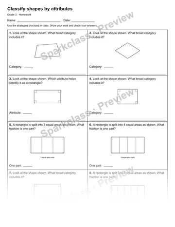 Classify shapes by attributes — Homework — Grade 3 worksheet preview