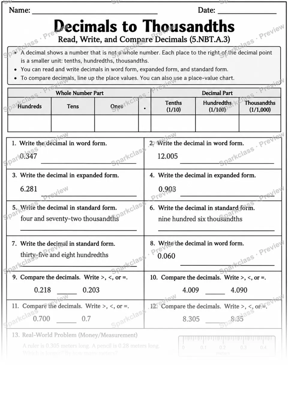 Decimals to Thousandths — page 1