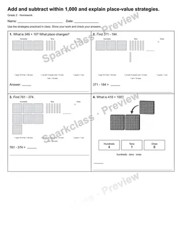 Add and subtract within 1,000 and explain place-value strategies. — Homework — Grade 2 worksheet preview