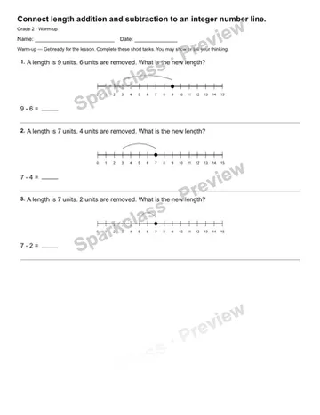 Connect length addition and subtraction to an integer number line. — Warm-up — Grade 2 worksheet preview