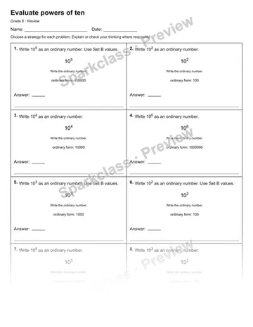 Evaluate powers of ten — Review — Grade 8 worksheet preview