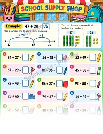 School Supply Shop · Two-Digit Addition and Subtraction — Grade 2 worksheet preview