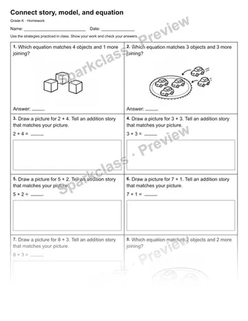 Connect story, model, and equation — Homework — Kindergarten worksheet preview