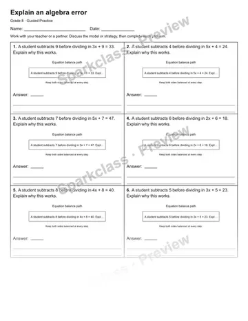 Explain an algebra error — Guided Practice — Grade 8 worksheet preview