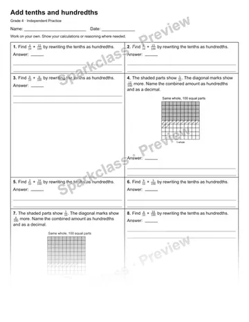 Add tenths and hundredths — Independent Practice — Grade 4 worksheet preview