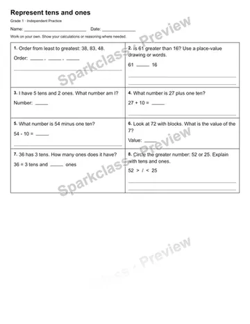 Represent tens and ones — Independent Practice — Grade 1 worksheet preview